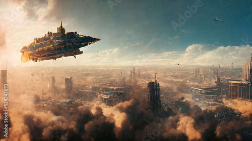 Print op canvas Spacecraft Flying Over Futuristic City Skyline