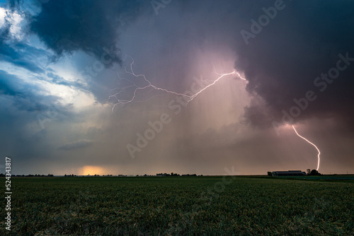 Wide angle view of lightning in a thunderstorm at sunset. The last unbranched part of the lightning that hits the earth is known in science as smooth channel lightning, a form of positive lightning. photo