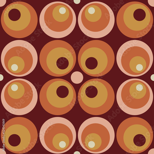 70 s seamless pattern. Retro circle geometric seamless background in seventies style. Groovy scrapbook paper. Yellow, orange, brown, pink colors vector pattern