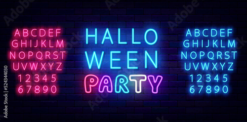 Halloween party neon signboard. Shiny pink and blue alphabet. Glowing scary holiday emblem. Vector stock illustration