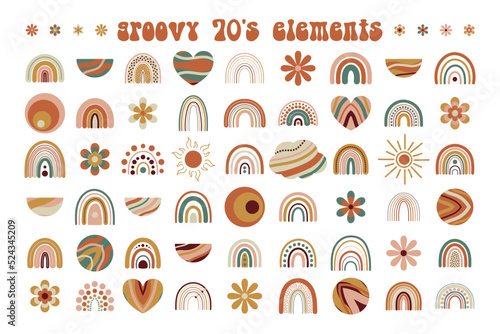 Set of 70 s groovy rainbows, flowers, circles in retro colors. Neutral nursery art design for decoration printing for fabric and wall art. Vector illustration in seventies style.