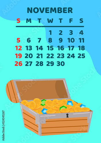 November 2023 calendar page. Vector cartoon illustration with cute treasure chest. Template for print. Vertical layout. White background