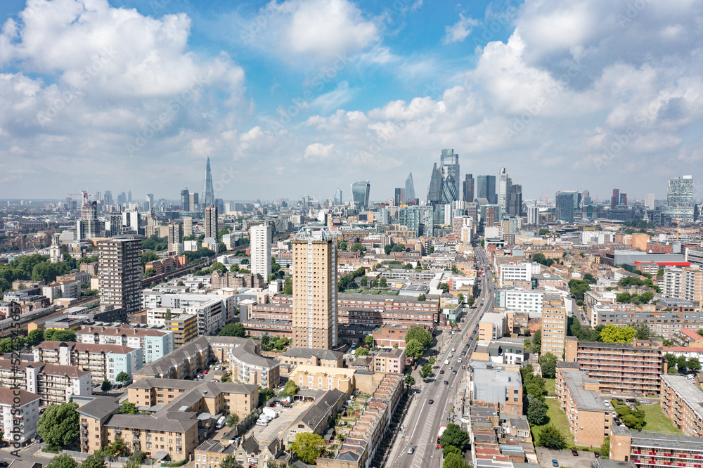 aerial view of city of London with skyscrapers