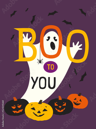 Halloween Spooky Cute Ghost Boo Face vector poster. Holiday horror spirit ghost, pumpkins, spider, bat scary character cartoon design element illustration. Happy Halloween holiday fun event background