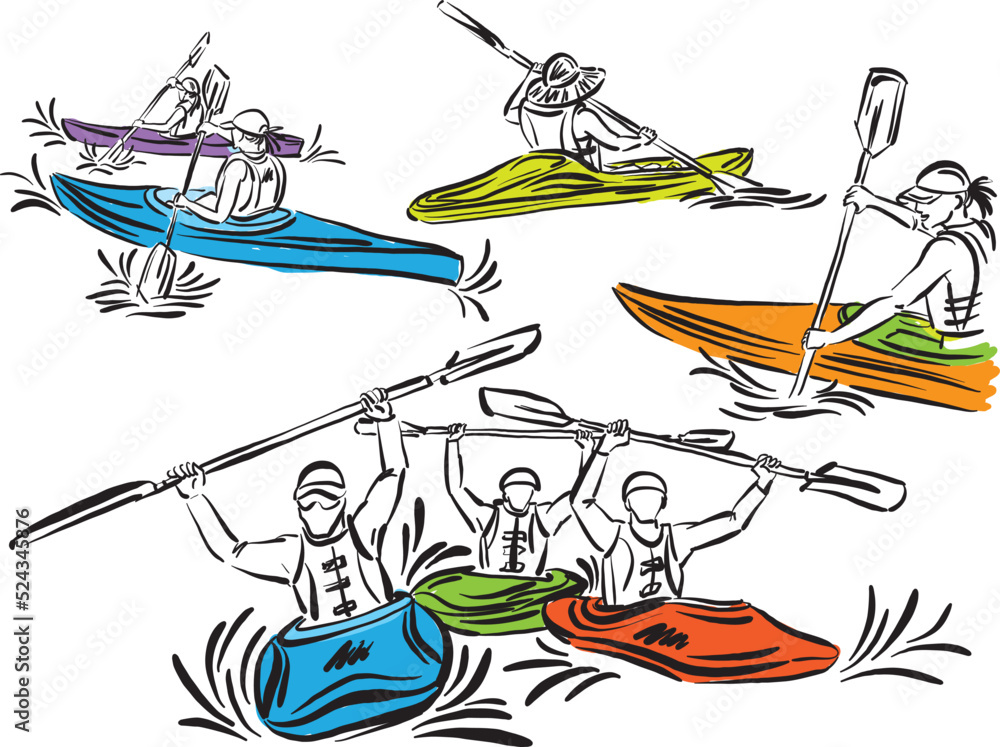 kayak extreme sport people stroke brush vector illustration - obrazy, fototapety, plakaty 