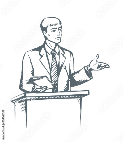 Speaker at podium. Vector drawing