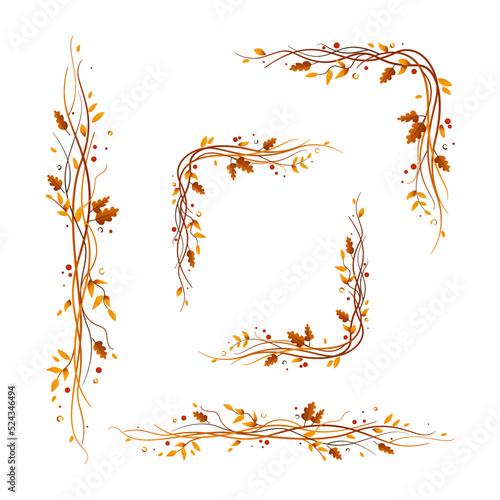 Autumn decor elements with branches, leaves and berries. Vector illustration in orange brown autumn colors. Branches with autumn leaves and berries for greeting cards, posters, banners, invitations