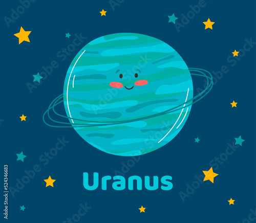 Vector illustration planet Uranus in flat cartoon style. Poster for children room, education. Uranus card composition of the planets, stars, comets, constellations, space ship