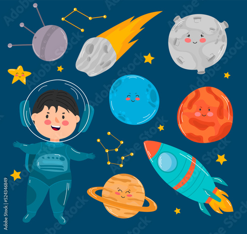 ?ute astronaut, cartoon style vector illustration. Cartoon cosmonaut boy in spacesuit. Planets of Solar System