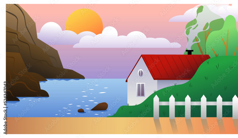 2D game background, landscape of a small house near the lake