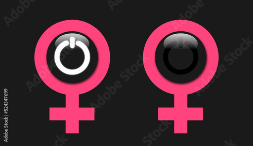 Turn on or switch off female gender symbol - metaphor of sexual arousal and excitement based on positive or negative attraction and appeal. Woman sexuality. Illustration isolated on black. photo