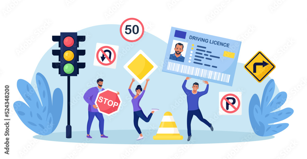 Fototapeta premium Driver License. People Studying in School Learning Traffic Rules, Passing Exams, Get Permission for Auto Owning. Characters with ID Card, International Permit, Traffic Signs. Driving School.
