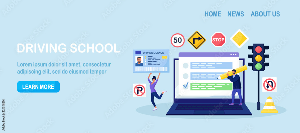 Driving school. Man passing exam for getting driver licence. People learning traffic rules, driving car with instructor. Woman with ID card. Driver education, online lessons, international permit Driving school. Man passing exam for getting driver licence. People learning traffic rules, driving car with instructor. Woman with ID card. Driver education, online lessons, international permit