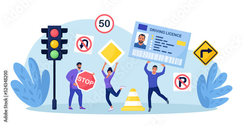 Driver License. People Studying in School Learning Traffic Rules, Passing Exams, Get Permission for Auto Owning. Characters with ID Card, International Permit, Traffic Signs. Driving School. photo