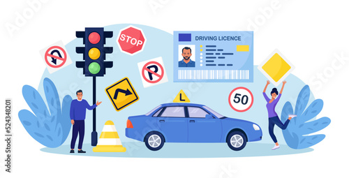 Driving school. Begginer driver learning parking on driving examination. Instructor checking student knowledge of traffic law road rule. Study of road signs, receiving driver’s license.Training course