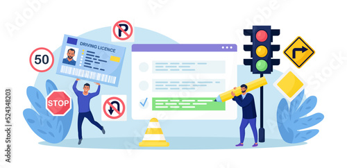 Driving school. Man passing exam for getting driver licence. People learning traffic rules, driving car with instructor. Person with ID card. Driver education, online lessons, international permit