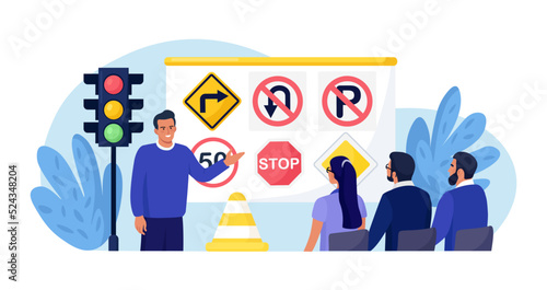 Driving school. People studying traffic rules, road signs at driving lesson and passing exams. Students learning to drive safety. Instructor teaches beginners drivers for receiving driving license