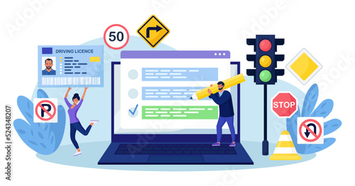 Driving school. Man passing exam for getting driver licence. People learning traffic rules, driving car with instructor. Woman with ID card. Driver education, online lessons, international permit