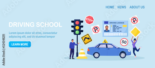 Driving school. Begginer driver learning parking on driving examination. Instructor checking student knowledge of traffic law road rule. Study of road signs, receiving driver’s license.Training course