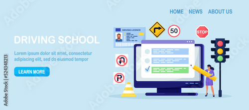 Driving school. Woman passing exam for getting driver licence, ID card online. People learning traffic rules, driving car with instructor. Driver education, online lessons, international permit