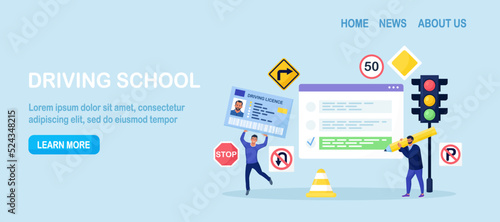 Driving school. Man passing exam for getting driver licence. People learning traffic rules, driving car with instructor. Person with ID card. Driver education, online lessons, international permit