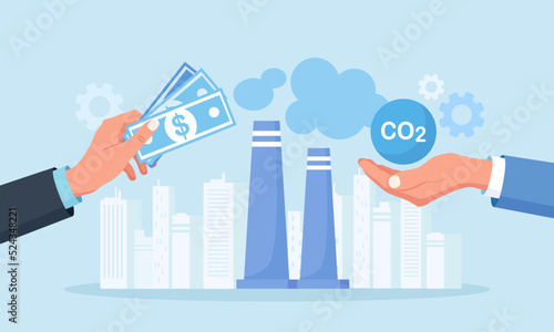Businessman Paying Carbon tax. GHG Payment as Environmental Fee to Reduce CO2. Greenhouse Gas Cost of Emission or Pollution, Charged for Global Warming. Factory Pipe Emitting Toxic Smoke