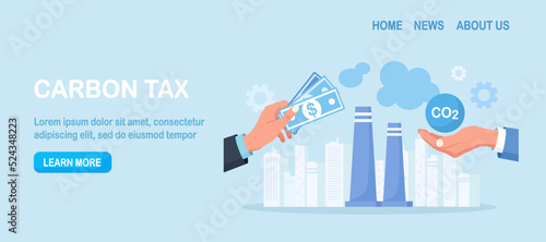 Businessman Paying Carbon tax. GHG Payment as Environmental Fee to Reduce CO2. Greenhouse Gas Cost of Emission or Pollution, Charged for Global Warming. Factory Pipe Emitting Toxic Smoke