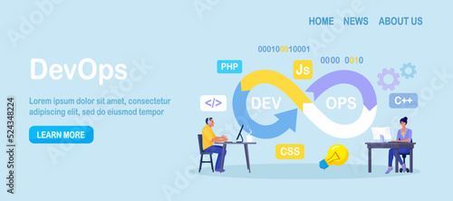 DevOps concept. Programmers practice of development and software operations. Developer working on operations process, technical support, programming code. Programmer using devOps method. Vector design