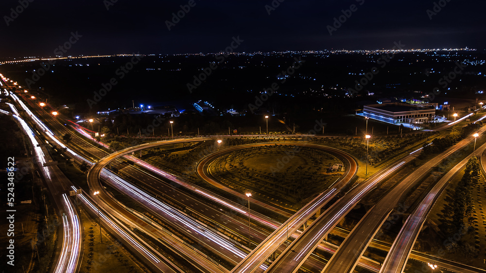 over Road city highway at night - Bird eye viwe - drone -Top view