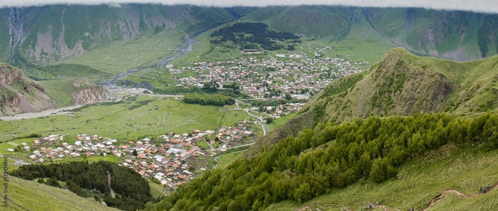 Panoramic view of town Stepantsminda (Kazbegi), Caucasus, Georgia