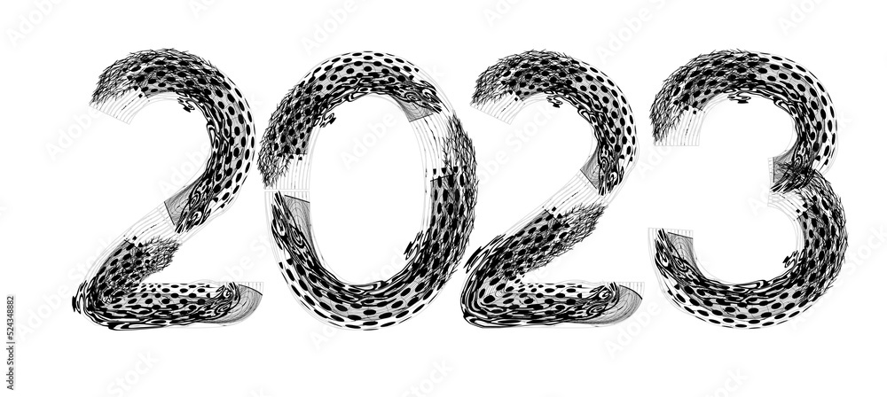 2023 New Year. Decorative brush numbers. Art lettering. Creative text for a greeting cards. Calendar header template.