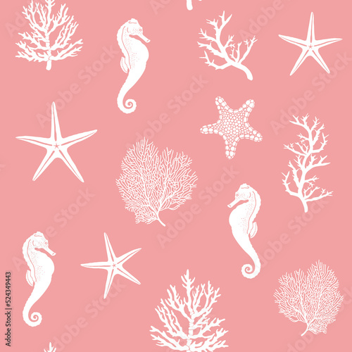 Marine life: corals, sea horse, starfish. White elements isolated on pink background. Vector seamless pattern for fabric, wrapping paper, postcard decor.