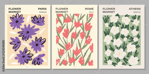 Flower market poster set. Abstract floral illustration. Botanical wall art collection, vintage poster aesthetic. Vector illustration 