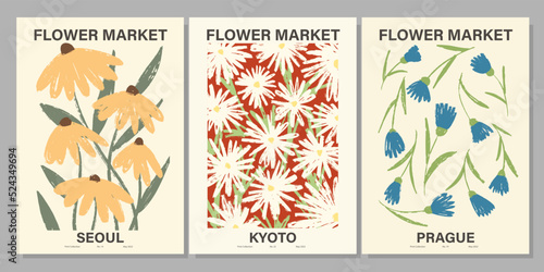 Flower market poster set. Abstract floral illustration. Botanical wall art collection  vintage poster aesthetic. Vector illustration 