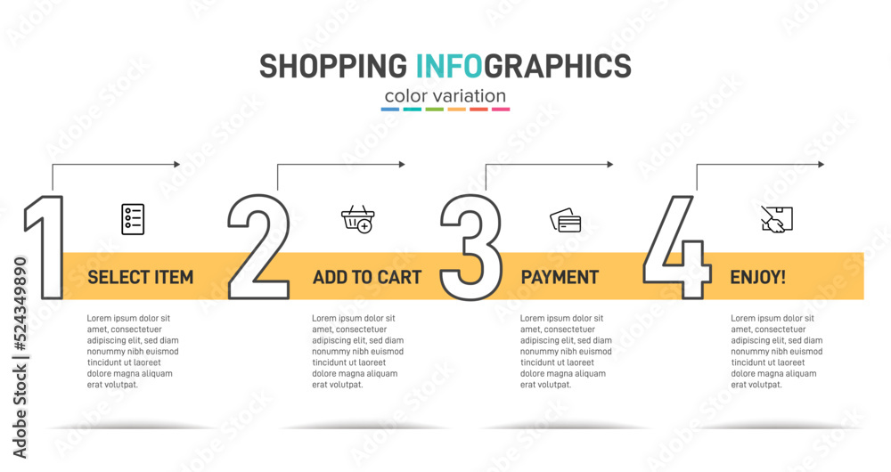 Obraz premium Concept of shopping process with 4 successive steps. Four colorful graphic elements. Timeline design for brochure, presentation, web site. Infographic design layout.