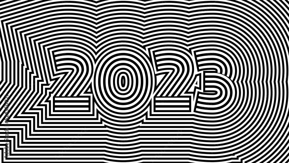 2023 New Year optical illusion style. Minimal op art abstract calendar header. Swiss Design poster with numbers. Modern psychedelic bauhaus pattern. Contemporary geometric greeting card.