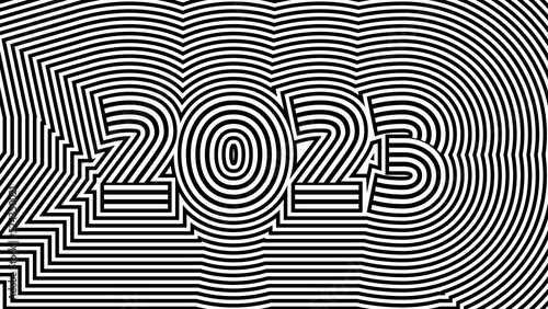 2023 New Year optical illusion style. Minimal op art abstract calendar header. Swiss Design poster with numbers. Modern psychedelic bauhaus pattern. Contemporary geometric greeting card.