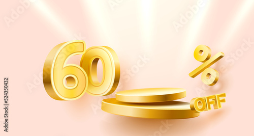 60 Off. Discount creative composition. 3d sale symbol with decorative objects, golden confetti, podium and gift box. Sale banner and poster. Vector