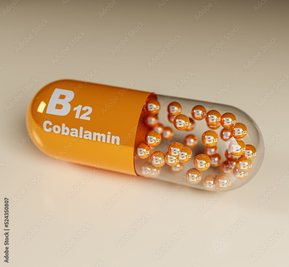 Vitamin B12, Cobalamin, b12 text on globules, capsules, 3d illustration