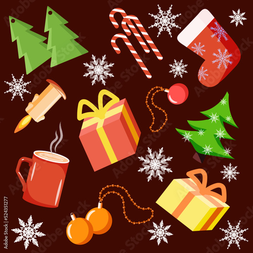 Christmas decoration. Isolated icons on dark background.