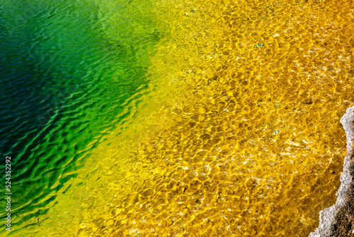 Abstract view of the colorful, famous Morning Glory pool hot spring in Yellowstone National Park USA