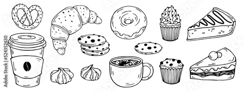 A set of linear doodles of sweet chocolate desserts, pastries and a cup, a glass of aromatic coffee. Cartoon vector graphics.