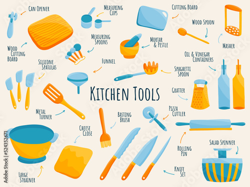 Colorful sets of kitchen tools: spade, knife, spatula, funnel, grater, rolling pin, spoons, cups.Kitchenware collection.