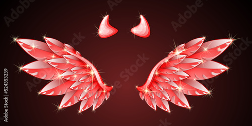 Devil cartoon shiny red wings with horns on dark background