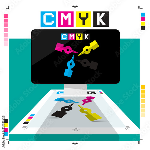 DTP - desktop publishing concept with computer , printerd paper and CMYK symbol - vector
