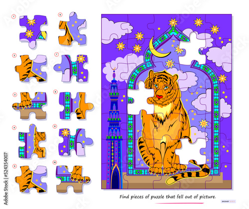 Logic game for children and adults. Find pieces of puzzle that fell out of picture. Page for kids brain teaser book. Task for attentiveness. Developing spatial thinking. Play online. Vector image.
