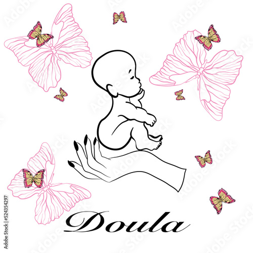 Vector illustration logo with baby in hand and butterflies and text Doula on a white background in doodle technique 