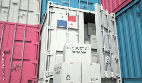 Cardboard boxes with goods from Panama and cargo containers. Industry and logistics related conceptual 3D rendering