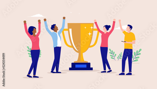 Business people with trophy cup - Diverse team cheering and celebrating success and winning. Flat design vector illustration