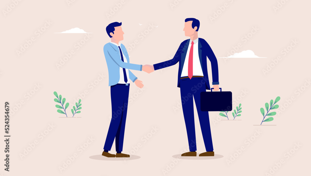 Deal handshake - Two men shaking hands making business agreement. Flat design vector illustration Deal handshake - Two men shaking hands making business agreement. Flat design vector illustration